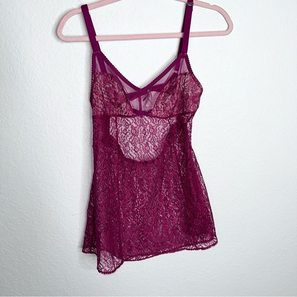 Victoria Secret Slip Women Large Lace Nightie Burgundy Dress Sheer Chemise B13